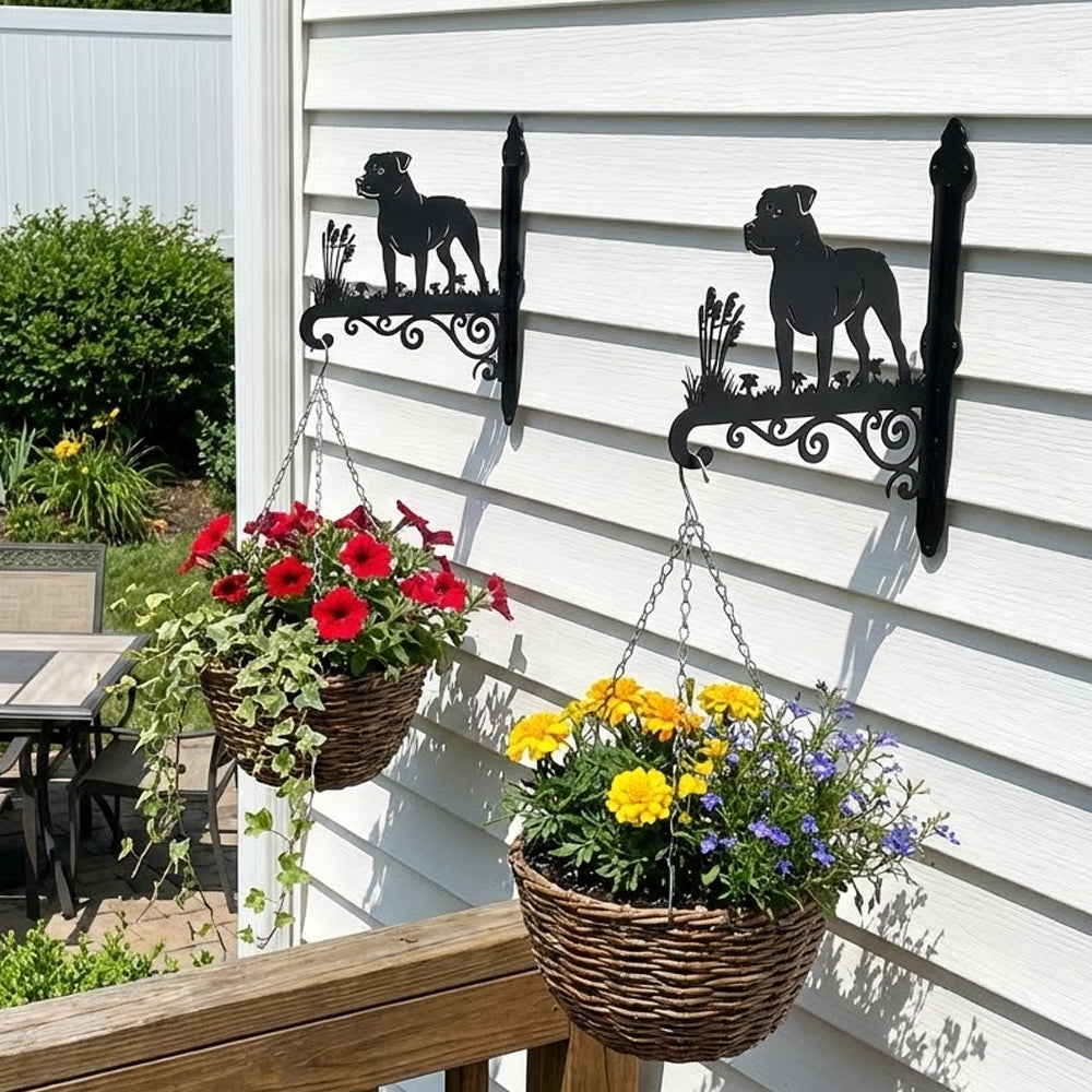 Staffordshire bull terrier metal hanging basket bracket mounted on outdoor wall for plant decoration