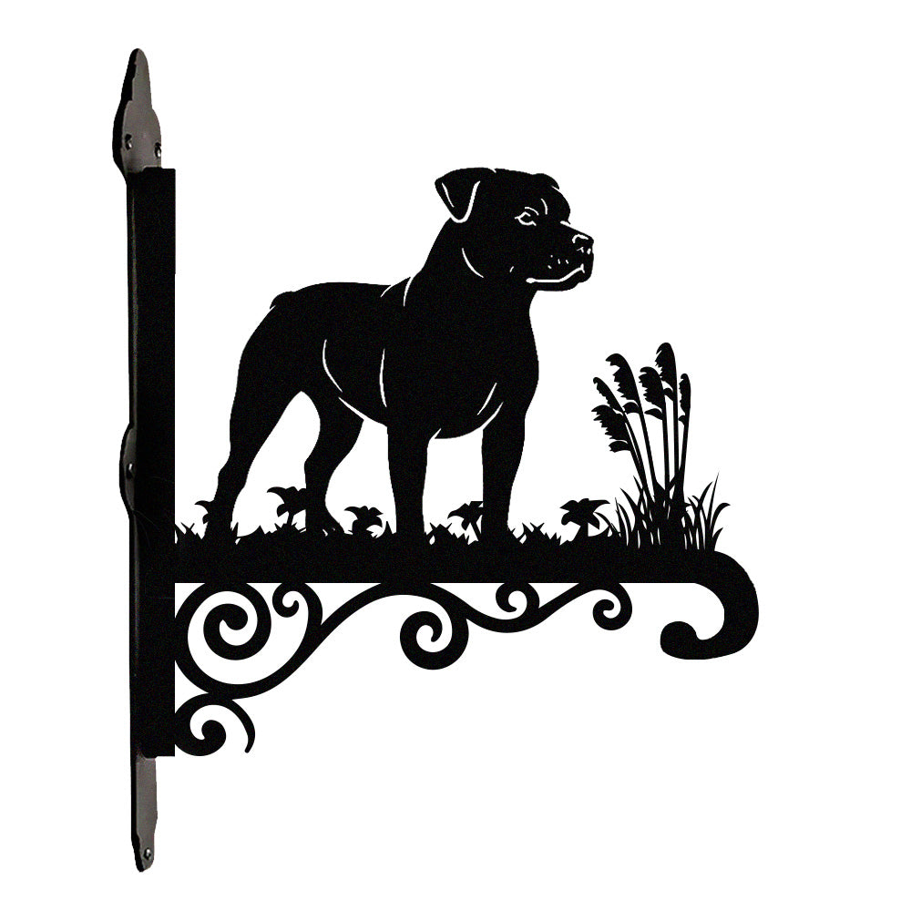 Staffordshire bull terrier metal hanging basket bracket mounted on outdoor wall for plant decoration