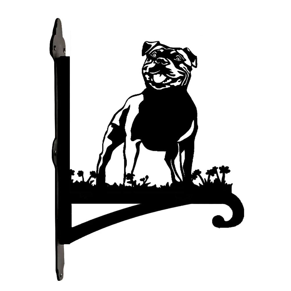 Staffordshire bull terrier metal hanging basket bracket mounted on outdoor wall for plant decoration