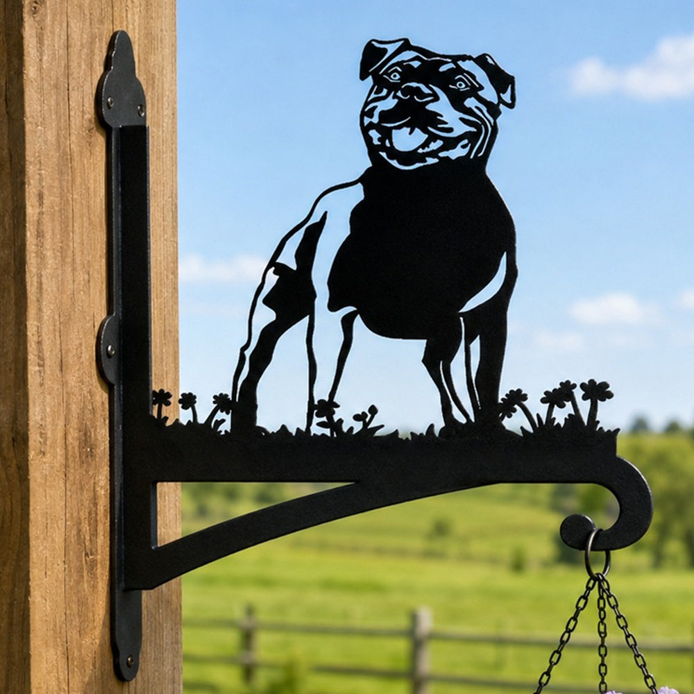 Staffordshire bull terrier metal hanging basket bracket mounted on outdoor wall for plant decoration