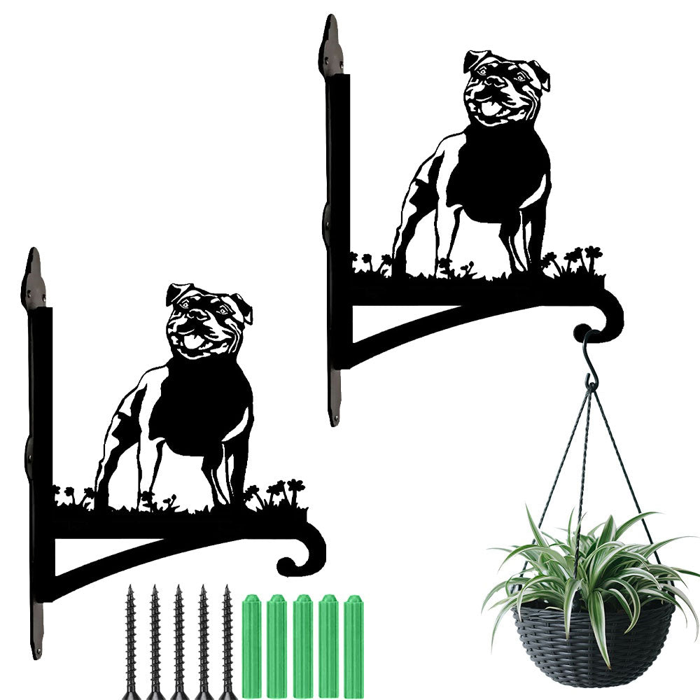 Staffordshire bull terrier metal hanging basket bracket mounted on outdoor wall for plant decoration