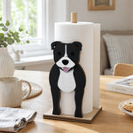 Staffordshire Bull Terrier Wooden Dog Paper Towel Holder displayed on a kitchen countertop with a freestanding paper towel roll
