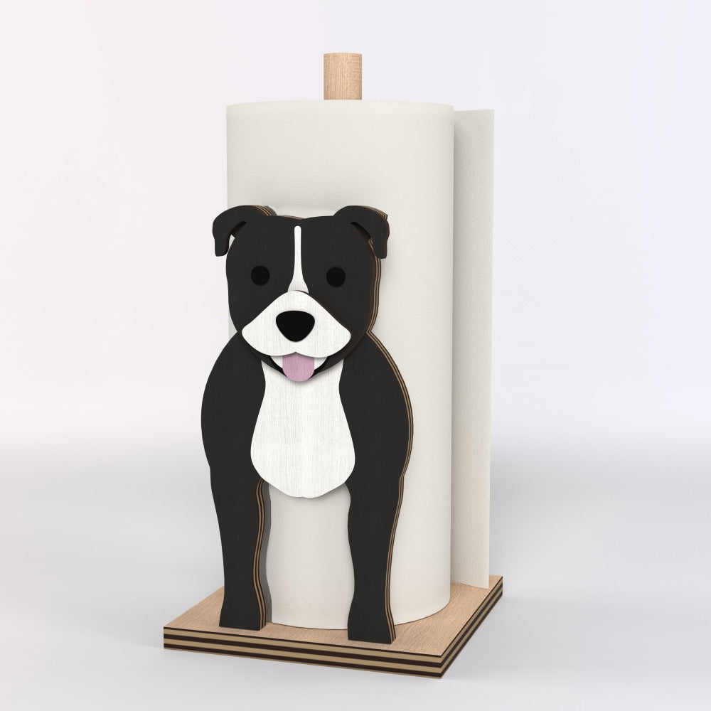 Staffordshire Bull Terrier Wooden Dog Paper Towel Holder displayed on a kitchen countertop with a freestanding paper towel roll