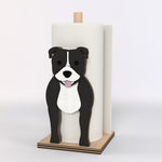 Staffordshire Bull Terrier Wooden Dog Paper Towel Holder displayed on a kitchen countertop with a freestanding paper towel roll