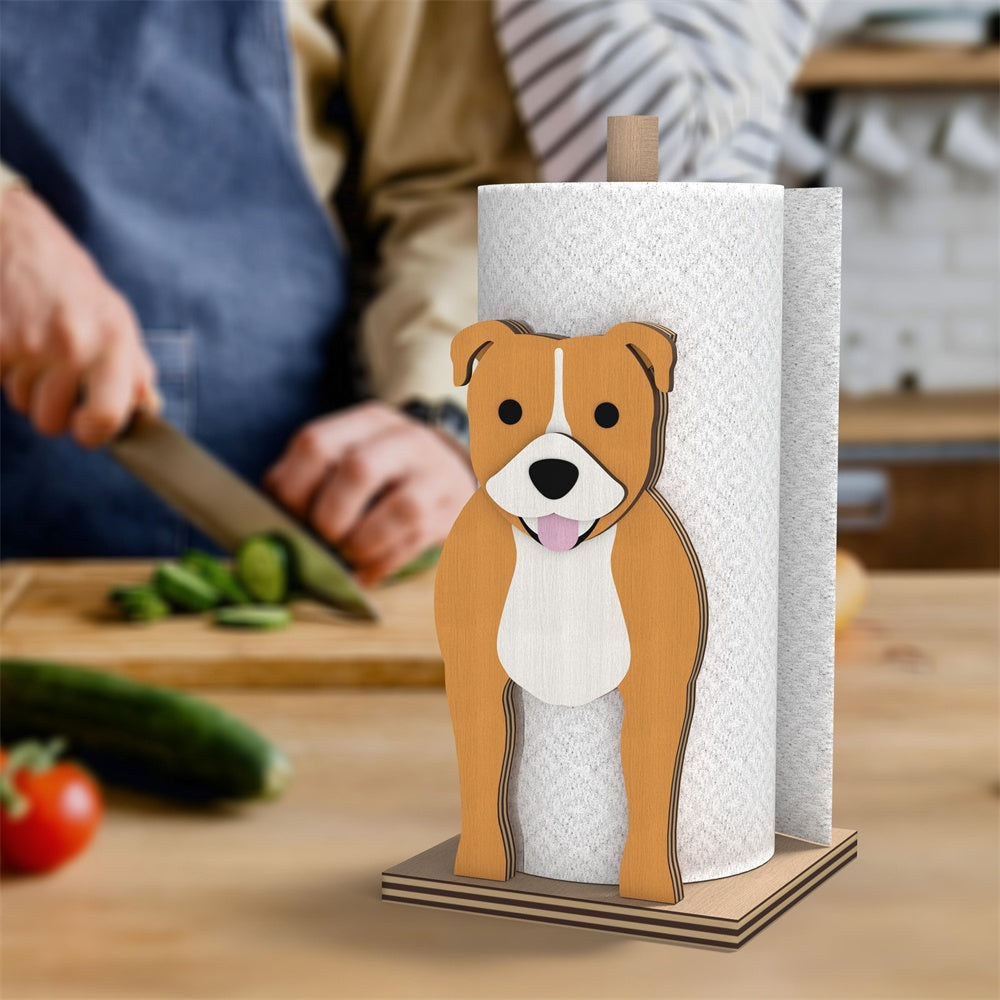 Staffordshire Bull Terrier Wooden Dog Paper Towel Holder displayed on a kitchen countertop with a freestanding paper towel roll