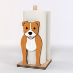 Staffordshire Bull Terrier Wooden Dog Paper Towel Holder displayed on a kitchen countertop with a freestanding paper towel roll