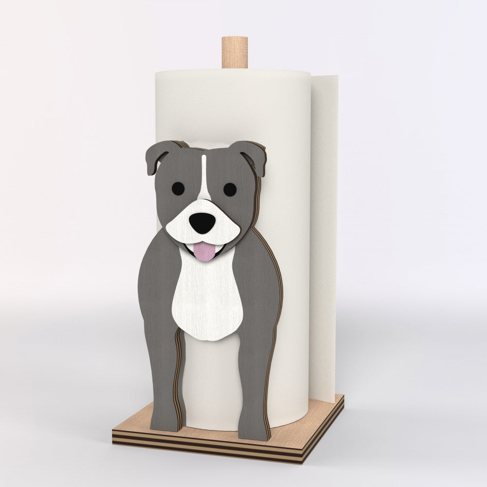 Staffordshire Bull Terrier Wooden Dog Paper Towel Holder displayed on a kitchen countertop with a freestanding paper towel roll