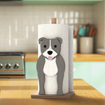 Staffordshire Bull Terrier Wooden Dog Paper Towel Holder displayed on a kitchen countertop with a freestanding paper towel roll