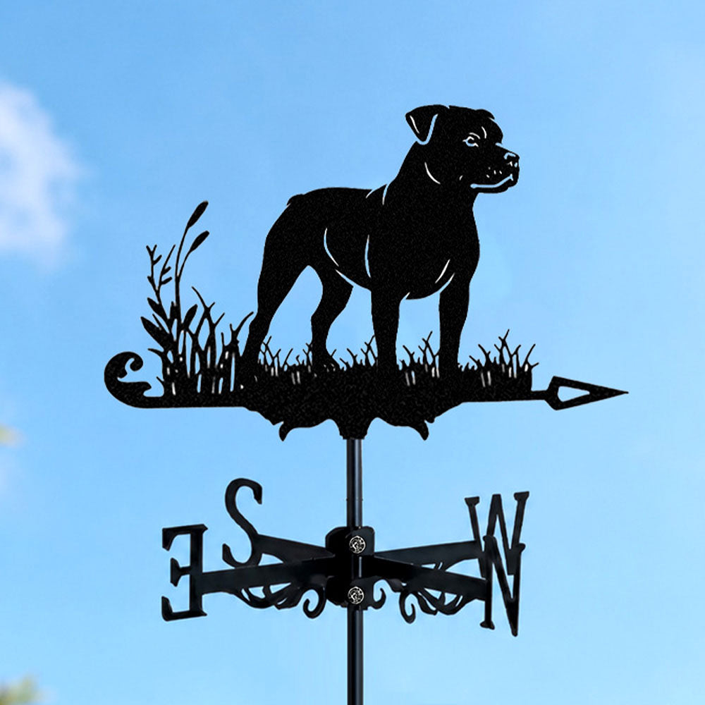 Staffordshire bull terrier metal weather vane with directional arrows and mounting rod, outdoor roof and garden decoration
