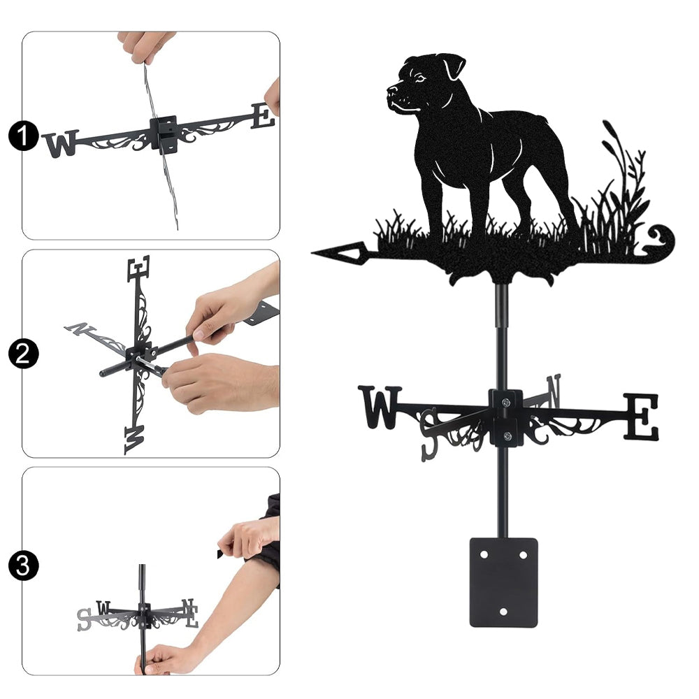 Staffordshire bull terrier metal weather vane with directional arrows and mounting rod, outdoor roof and garden decoration