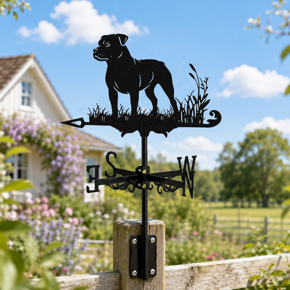 Staffordshire bull terrier metal weather vane with directional arrows and mounting rod, outdoor roof and garden decoration