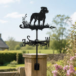 Staffordshire bull terrier metal weather vane with directional arrows and mounting rod, outdoor roof and garden decoration