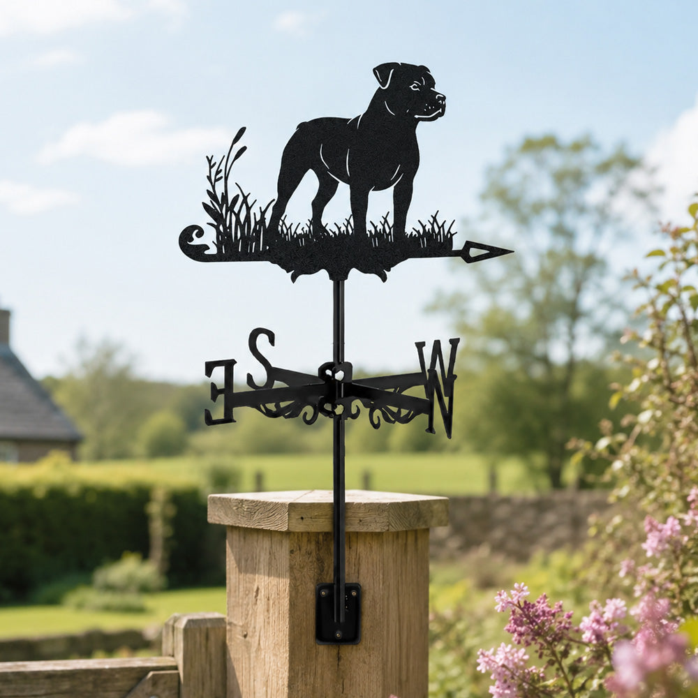 Staffordshire bull terrier metal weather vane with directional arrows and mounting rod, outdoor roof and garden decoration