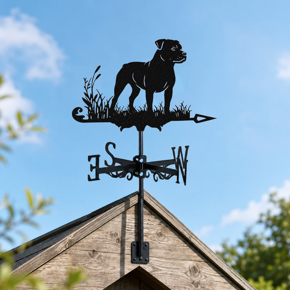 Staffordshire bull terrier metal weather vane with directional arrows and mounting rod, outdoor roof and garden decoration