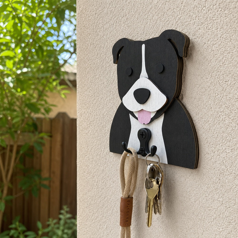 Staffordshire Bull Terrier wooden dog wall hook key and leash holder for home entryway organizer