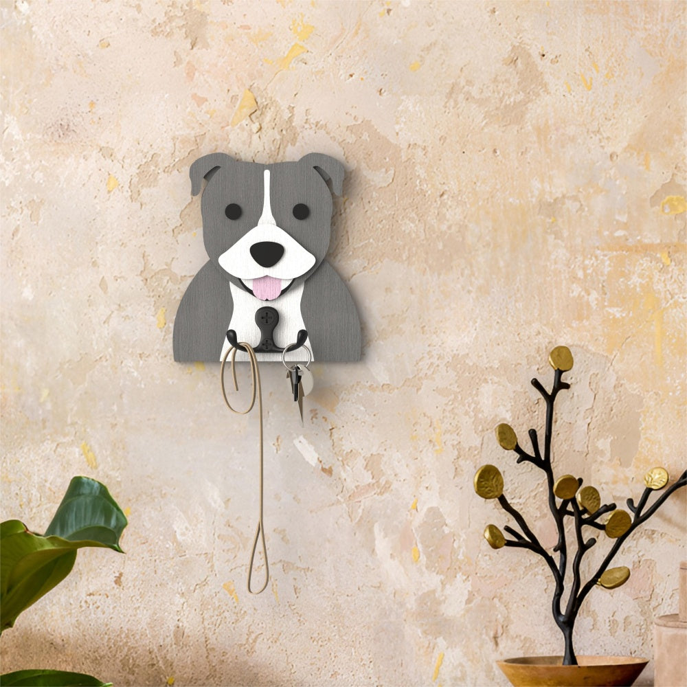 Staffordshire Bull Terrier wooden dog wall hook key and leash holder for home entryway organizer