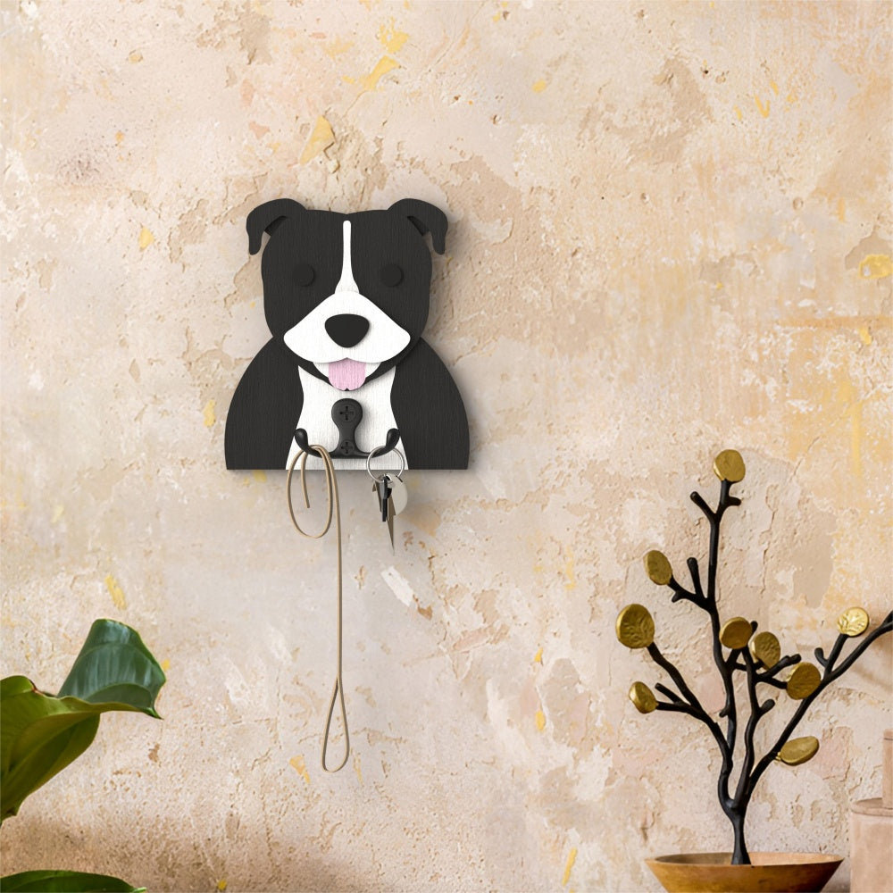 Staffordshire Bull Terrier wooden dog wall hook key and leash holder for home entryway organizer