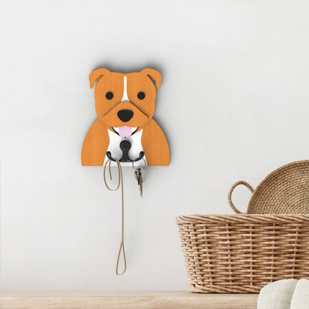 Staffordshire Bull Terrier wooden dog wall hook key and leash holder for home entryway organizer