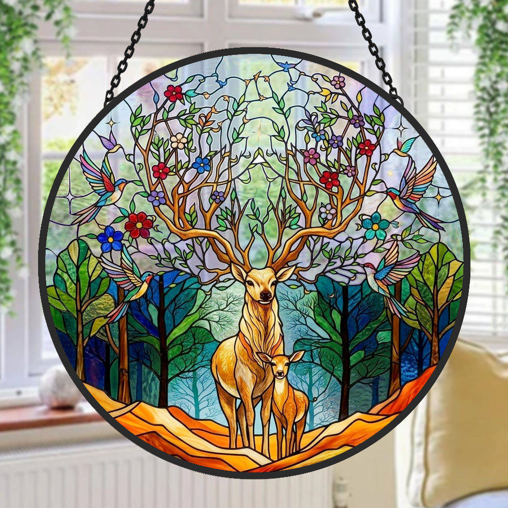 stag and fawn in woodland stained glass suncatcher window hanging, suitable for home and garden decoration.
