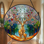 stag and fawn in woodland stained glass suncatcher window hanging, suitable for home and garden decoration.