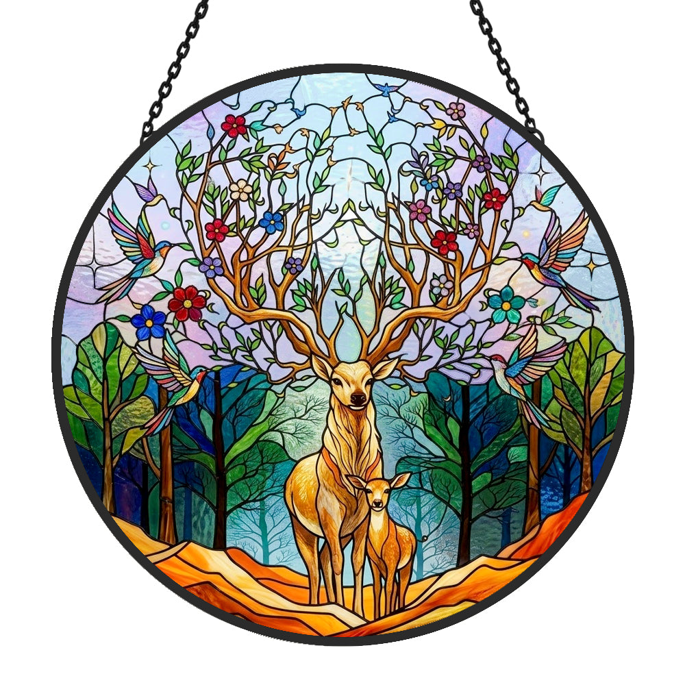 stag and fawn in woodland stained glass suncatcher window hanging, suitable for home and garden decoration.