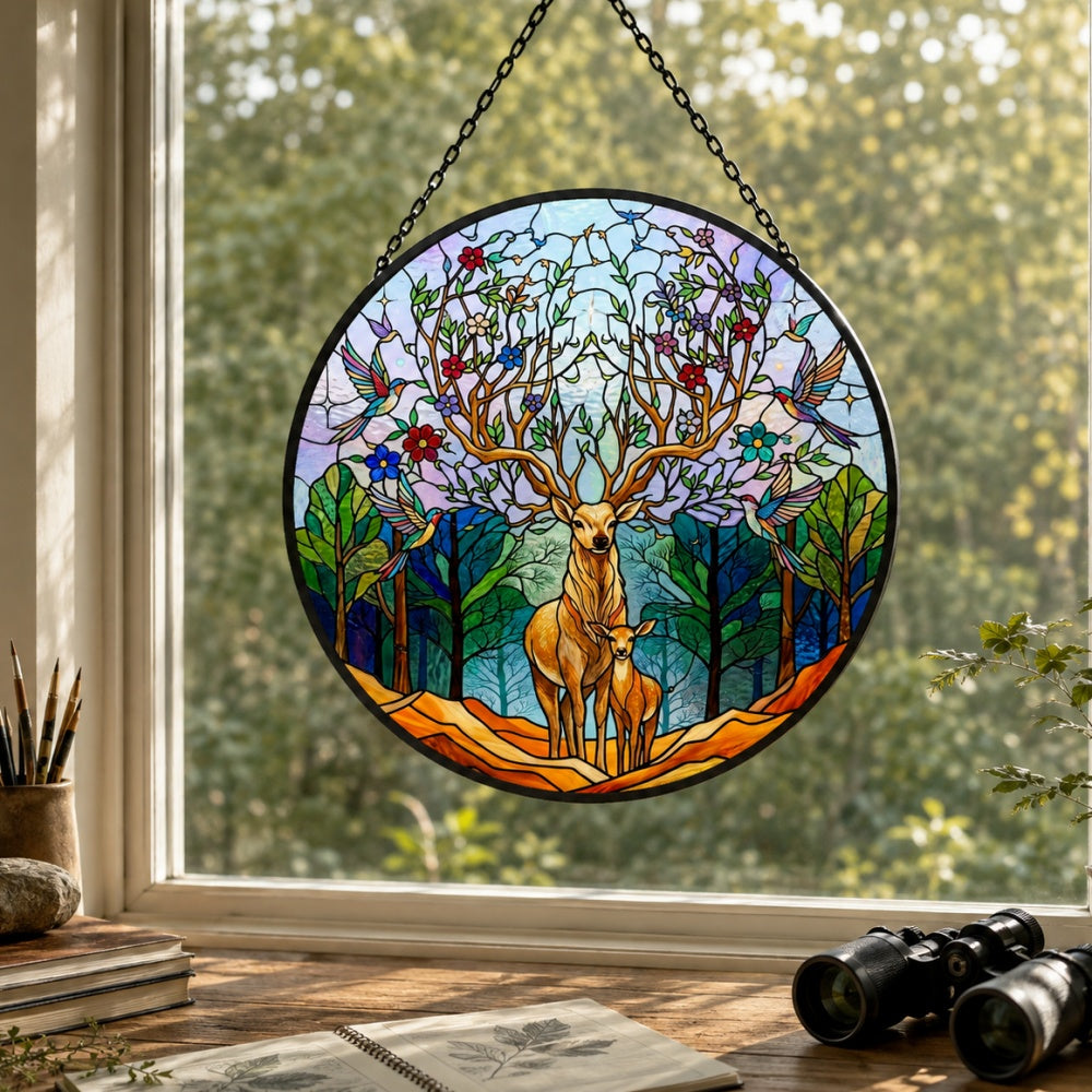 Stag and fawn in woodland stained glass suncatcher window hanging, suitable for home and garden decoration