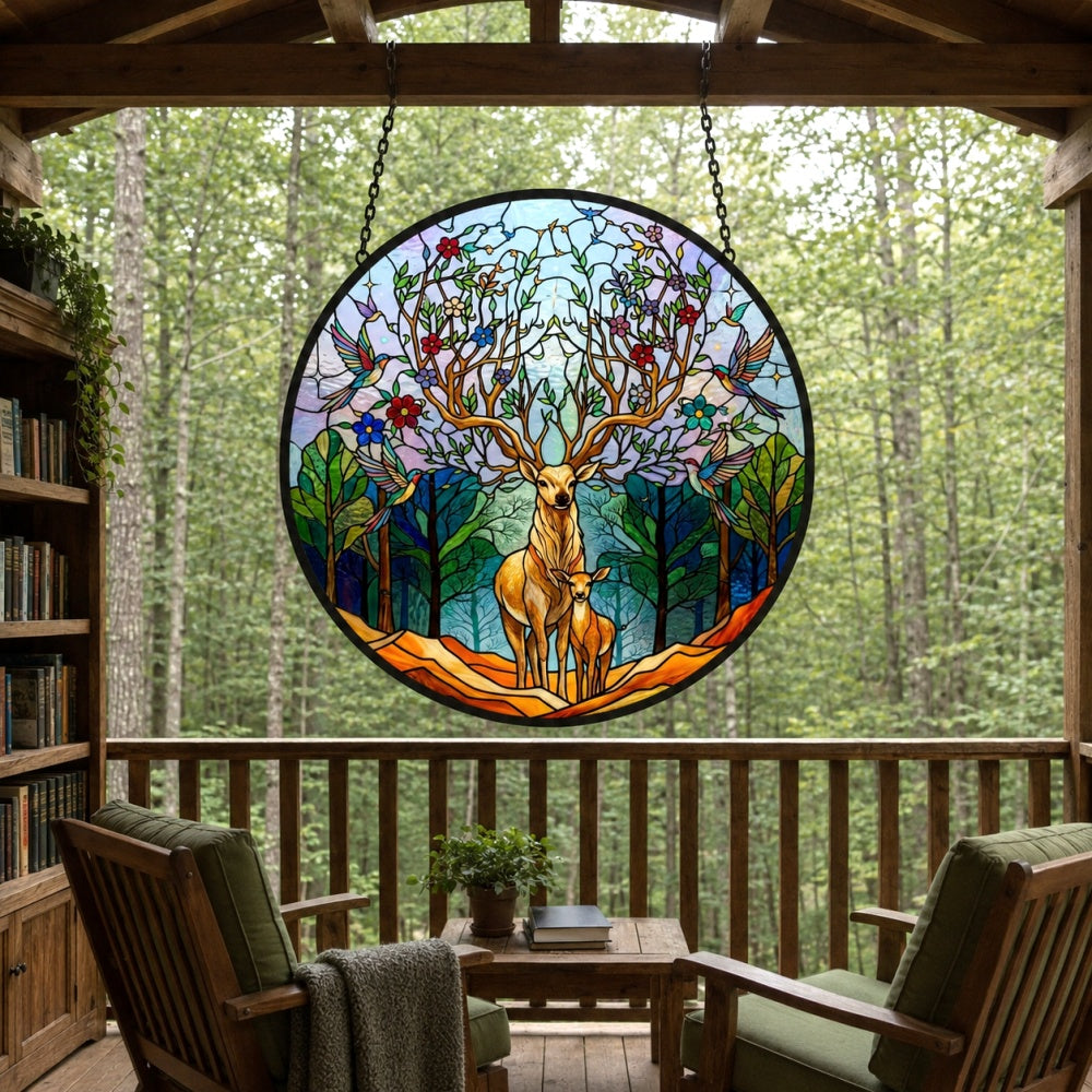 Stag and fawn in woodland stained glass suncatcher window hanging, suitable for home and garden decoration