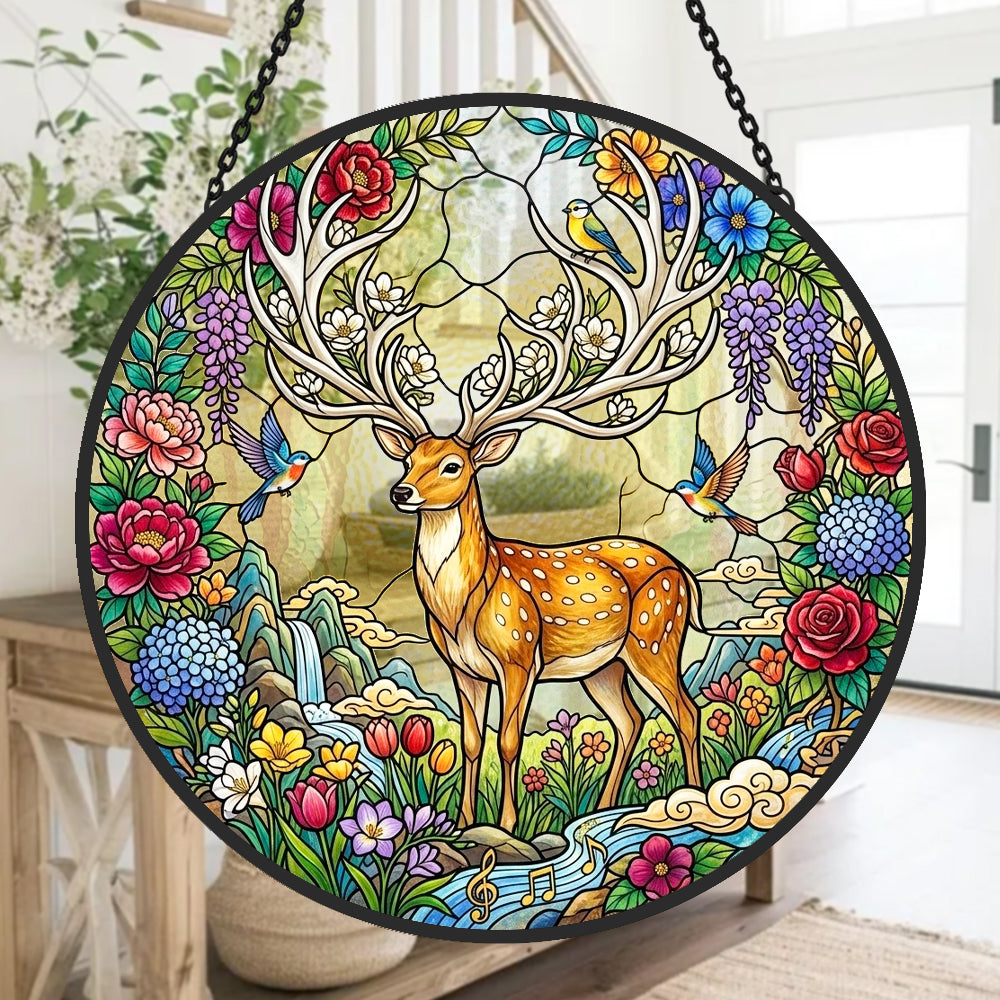 stag in floral garden stained glass suncatcher window hanging, suitable for home and garden decoration.