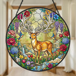 stag in floral garden stained glass suncatcher window hanging, suitable for home and garden decoration.