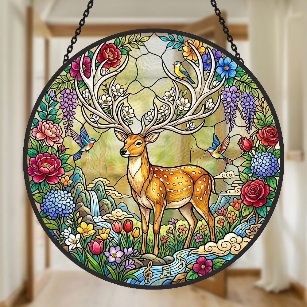 stag in floral garden stained glass suncatcher window hanging, suitable for home and garden decoration.