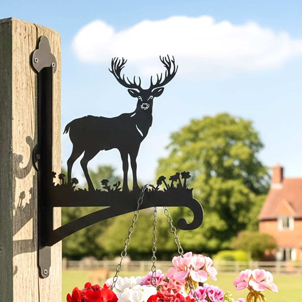 Stag in meadow metal hanging basket bracket mounted on outdoor wall for plant decoration