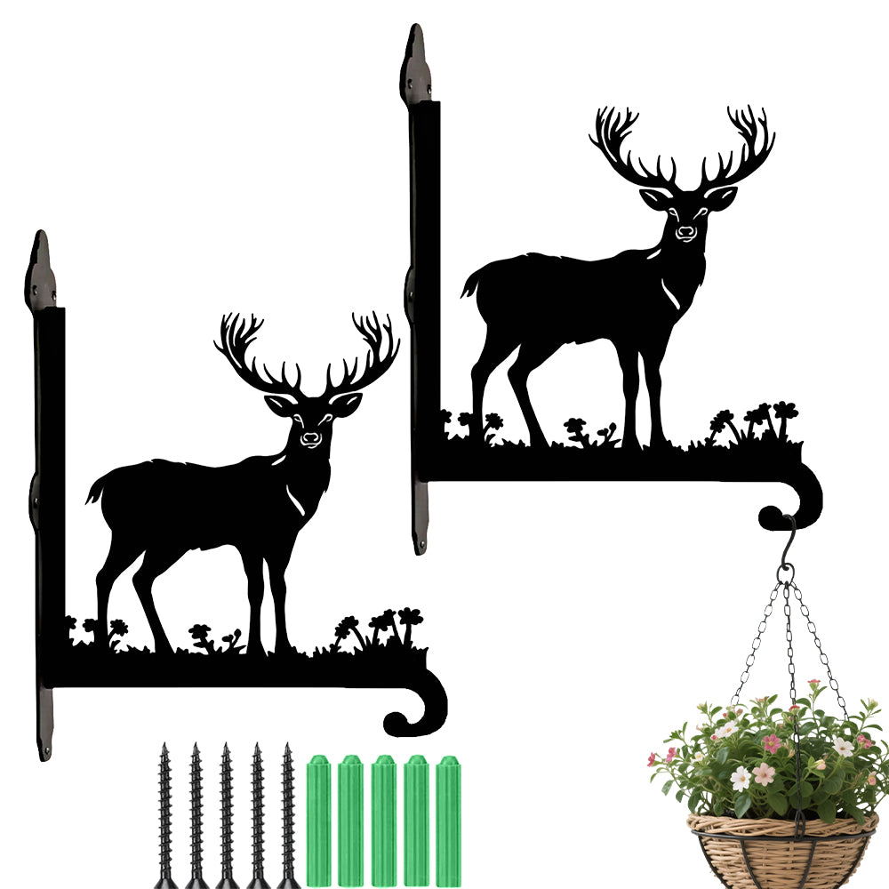 Stag in meadow metal hanging basket bracket mounted on outdoor wall for plant decoration