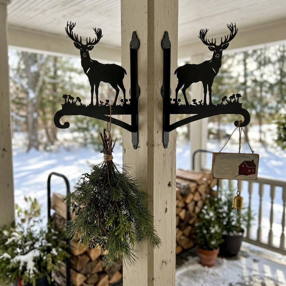 Stag in meadow metal hanging basket bracket mounted on outdoor wall for plant decoration