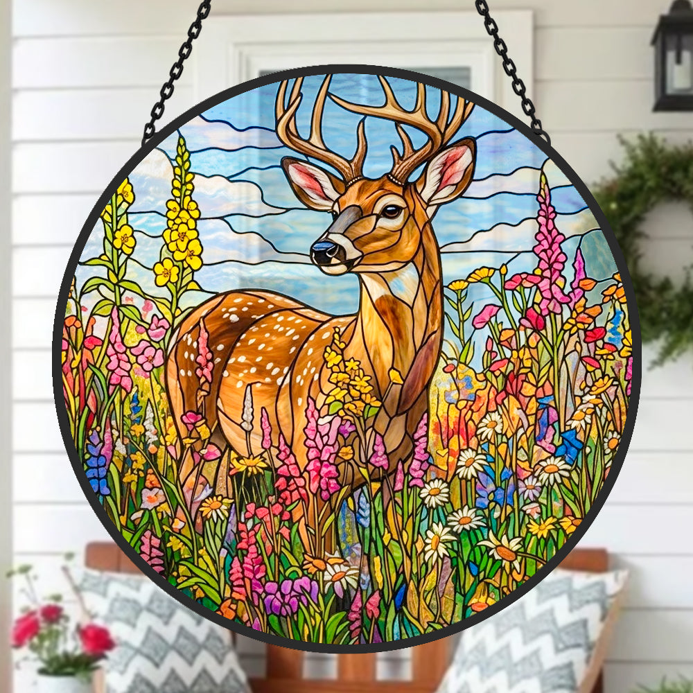 stag in wildflower meadow stained glass suncatcher window hanging, suitable for home and garden decoration.