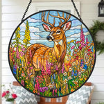 stag in wildflower meadow stained glass suncatcher window hanging, suitable for home and garden decoration.