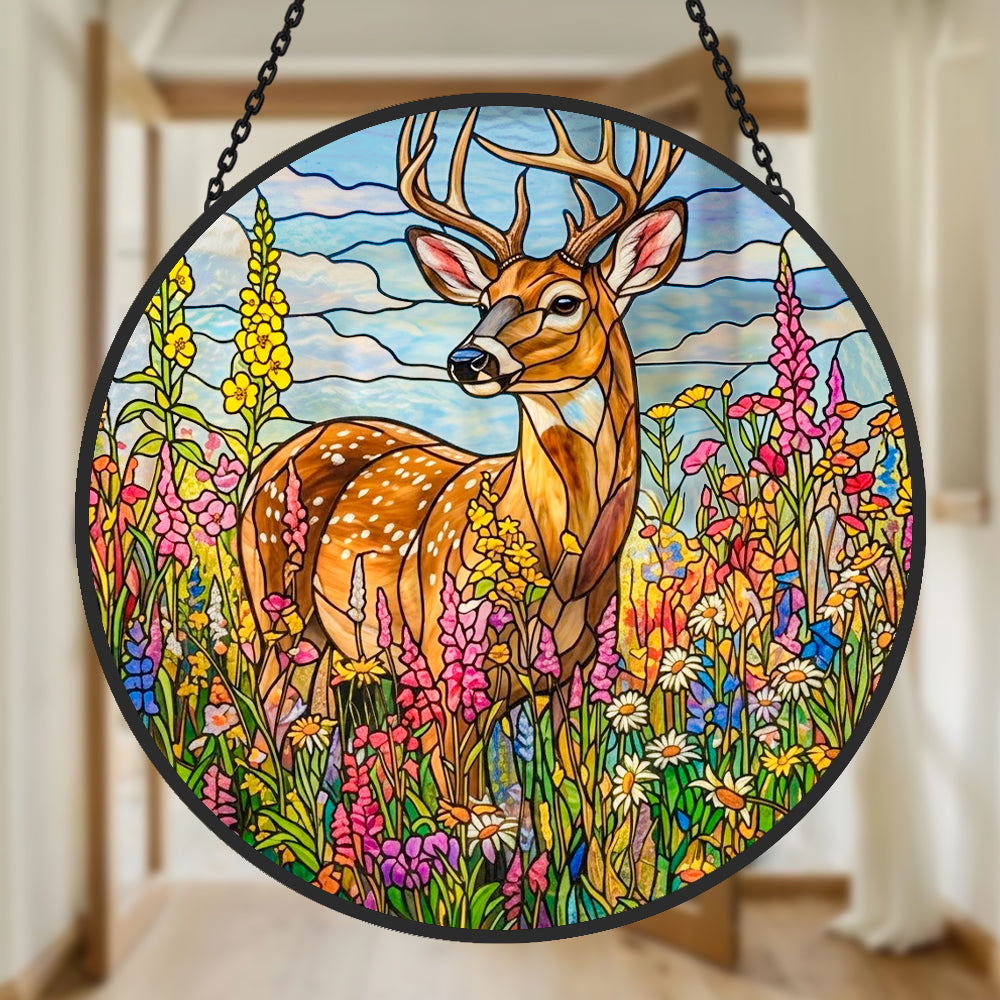 stag in wildflower meadow stained glass suncatcher window hanging, suitable for home and garden decoration.