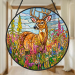 stag in wildflower meadow stained glass suncatcher window hanging, suitable for home and garden decoration.