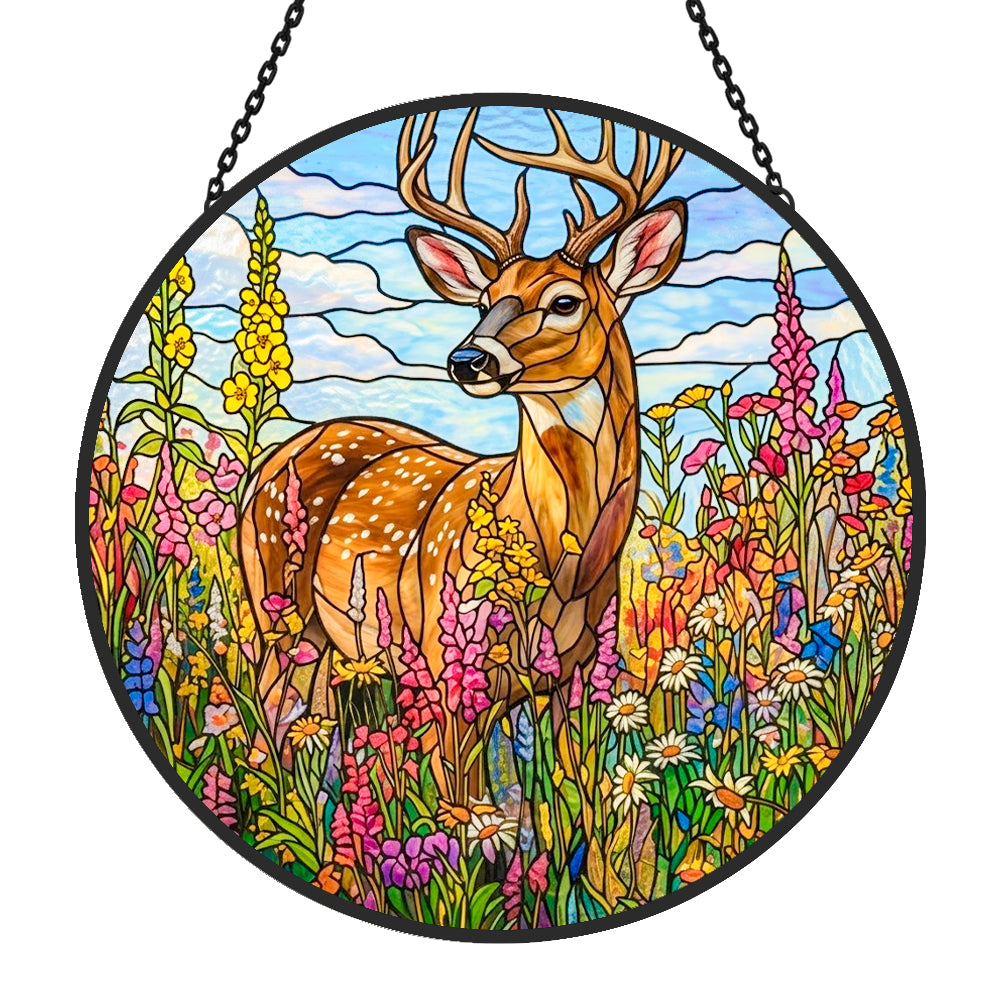 stag in wildflower meadow stained glass suncatcher window hanging, suitable for home and garden decoration.