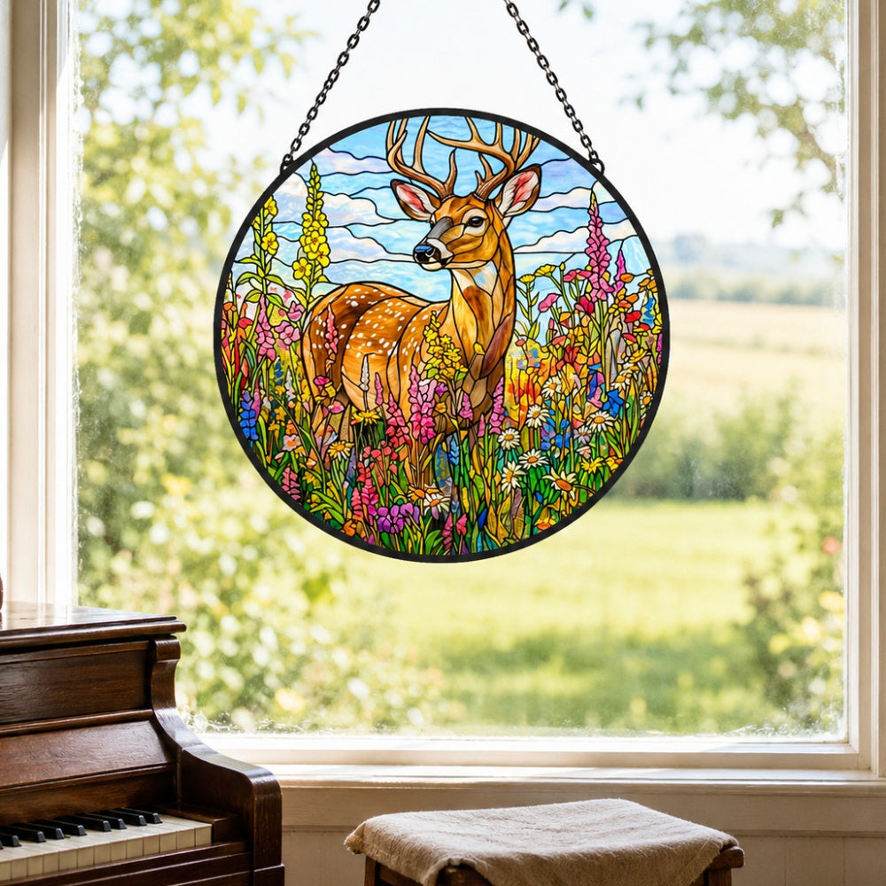 Stag in wildflower meadow stained glass suncatcher window hanging, suitable for home and garden decoration