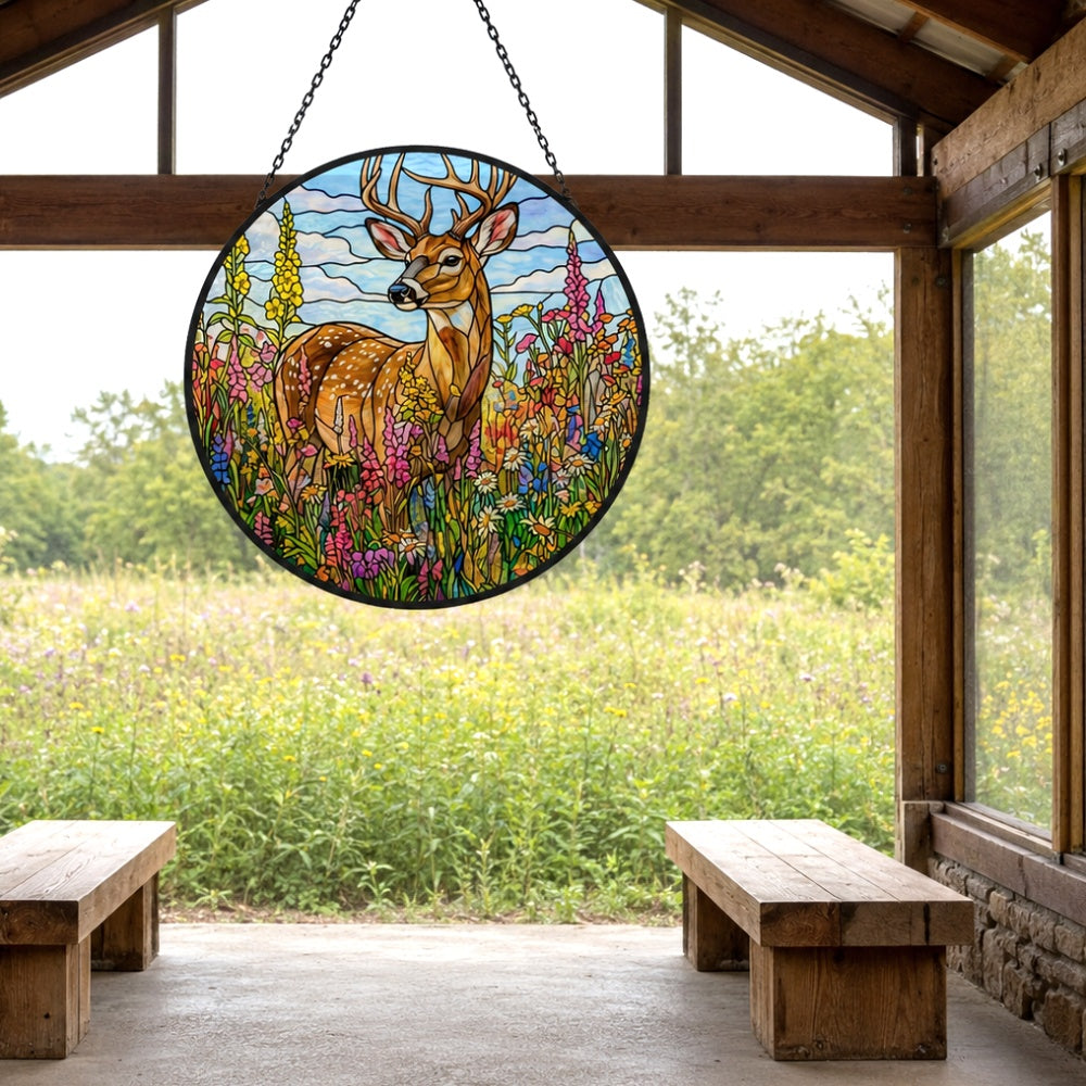 Stag in wildflower meadow stained glass suncatcher window hanging, suitable for home and garden decoration