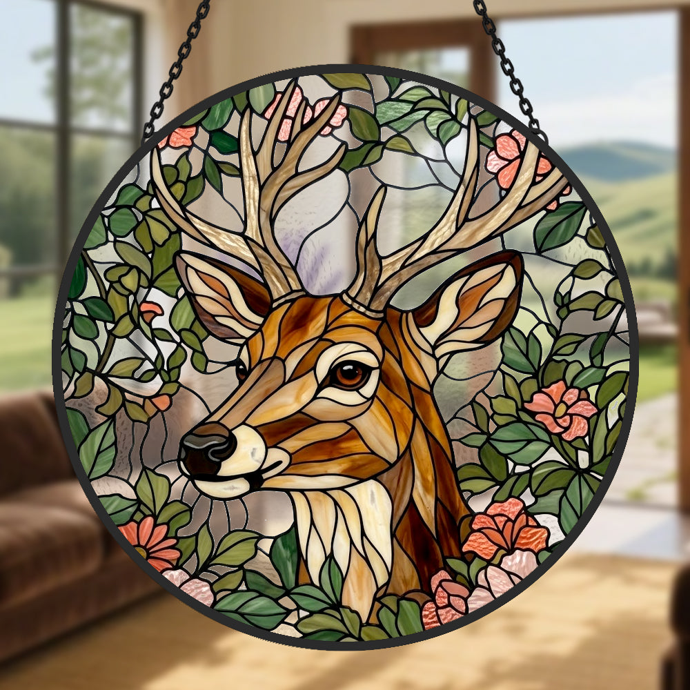 stag with flowers stained glass suncatcher window hanging, suitable for home and garden decoration.