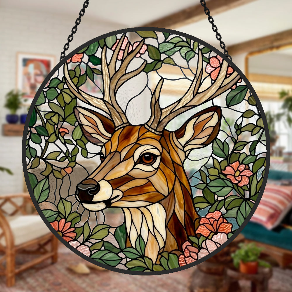 stag with flowers stained glass suncatcher window hanging, suitable for home and garden decoration.