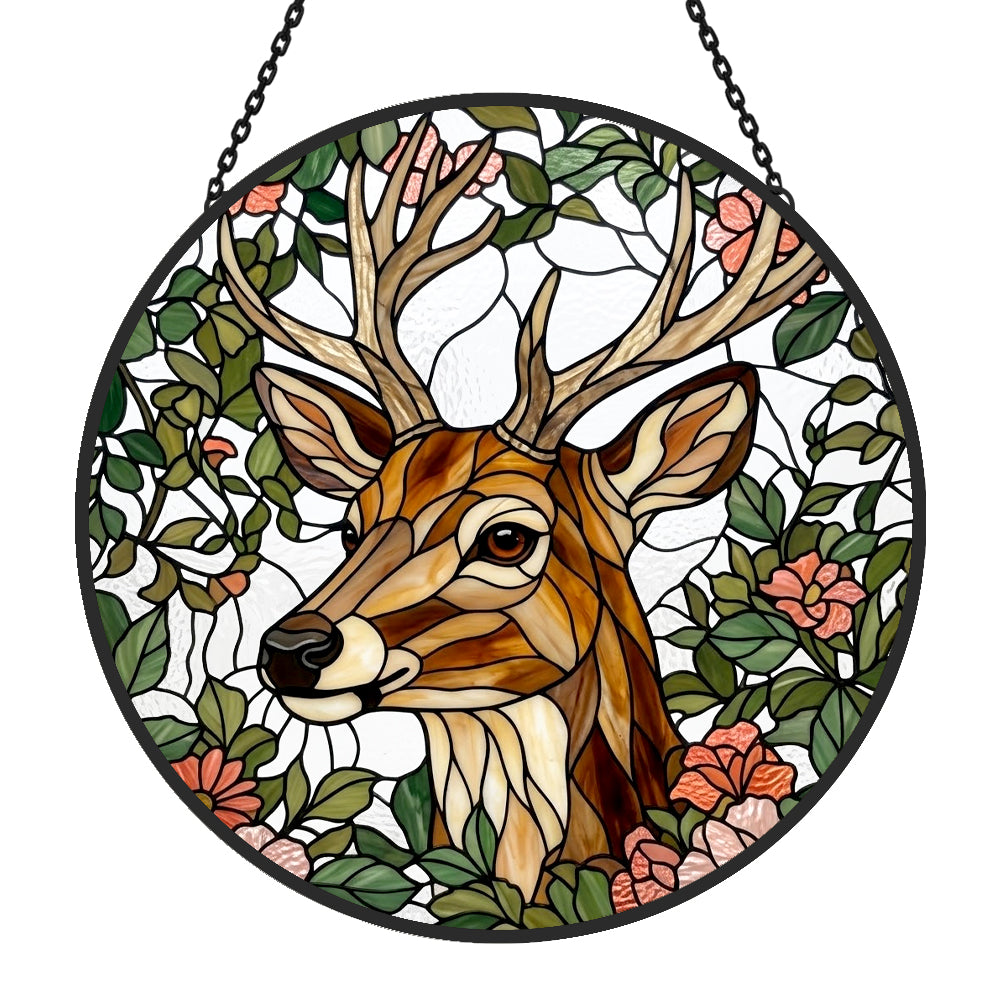 stag with flowers stained glass suncatcher window hanging, suitable for home and garden decoration.
