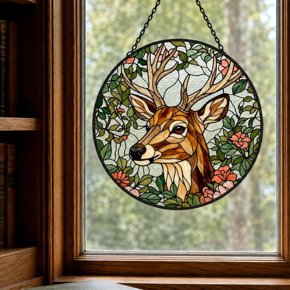 Stag with flowers stained glass suncatcher window hanging, suitable for home and garden decoration