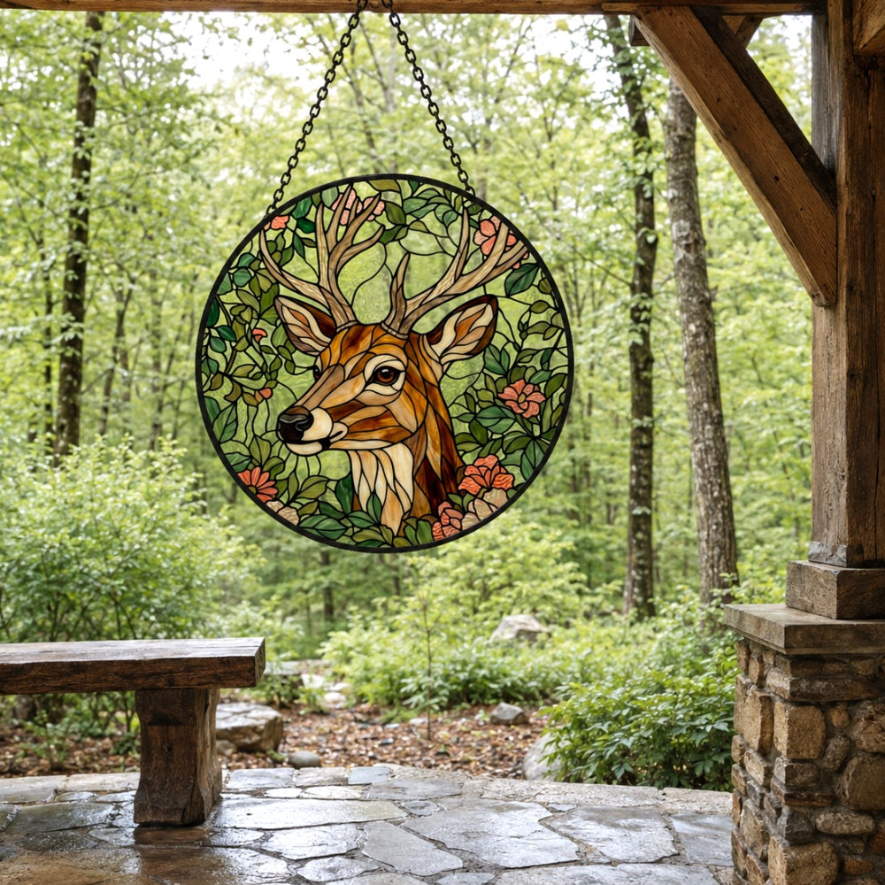 Stag with flowers stained glass suncatcher window hanging, suitable for home and garden decoration