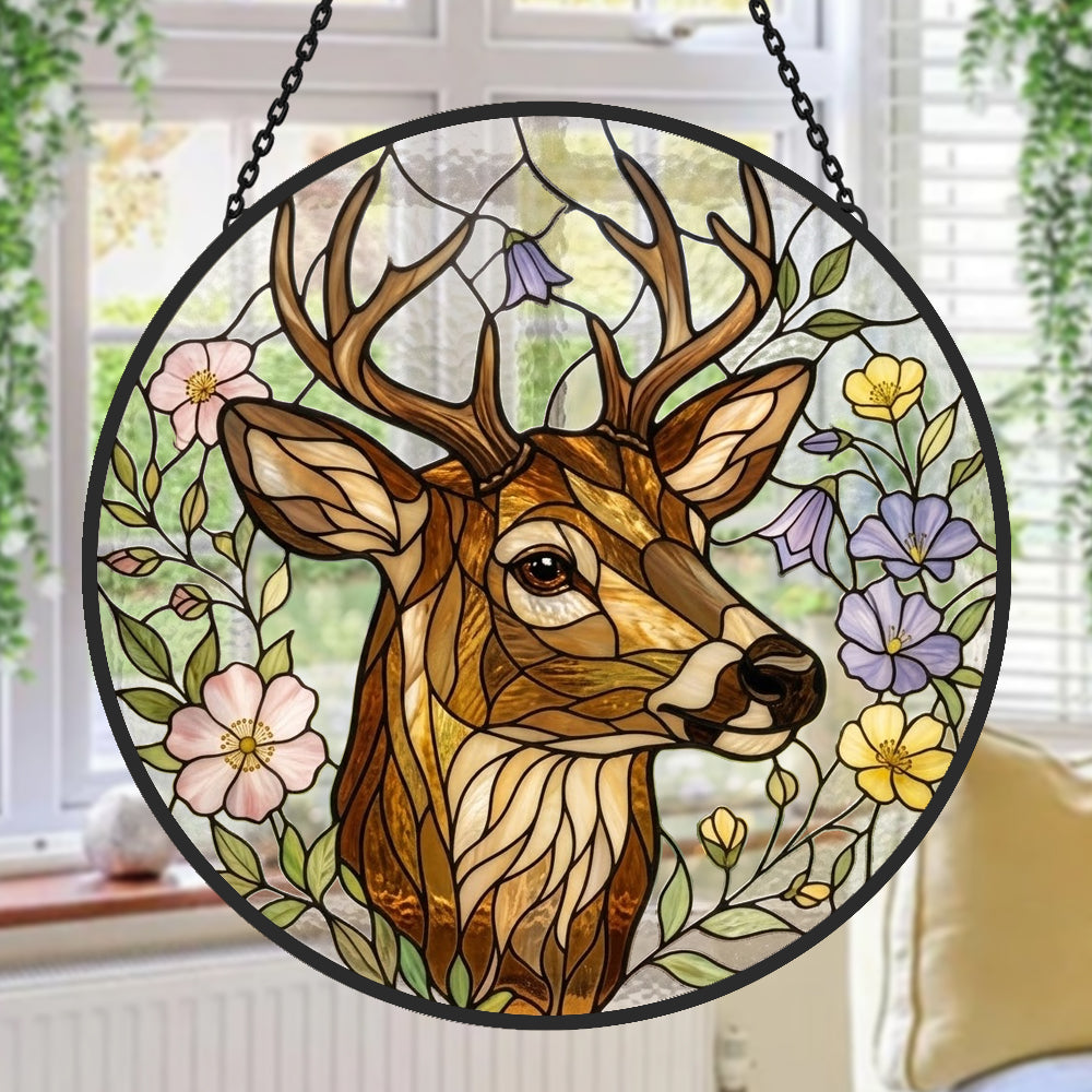 stag with wildflowers stained glass suncatcher window hanging, suitable for home and garden decoration.