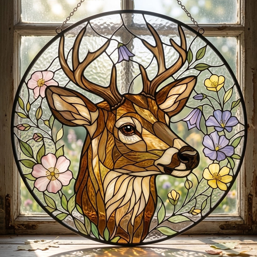 stag with wildflowers stained glass suncatcher window hanging, suitable for home and garden decoration.