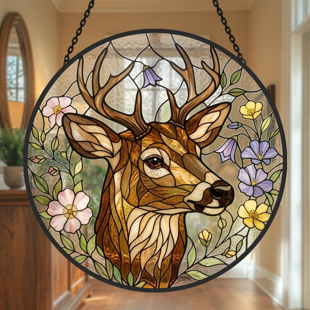stag with wildflowers stained glass suncatcher window hanging, suitable for home and garden decoration.