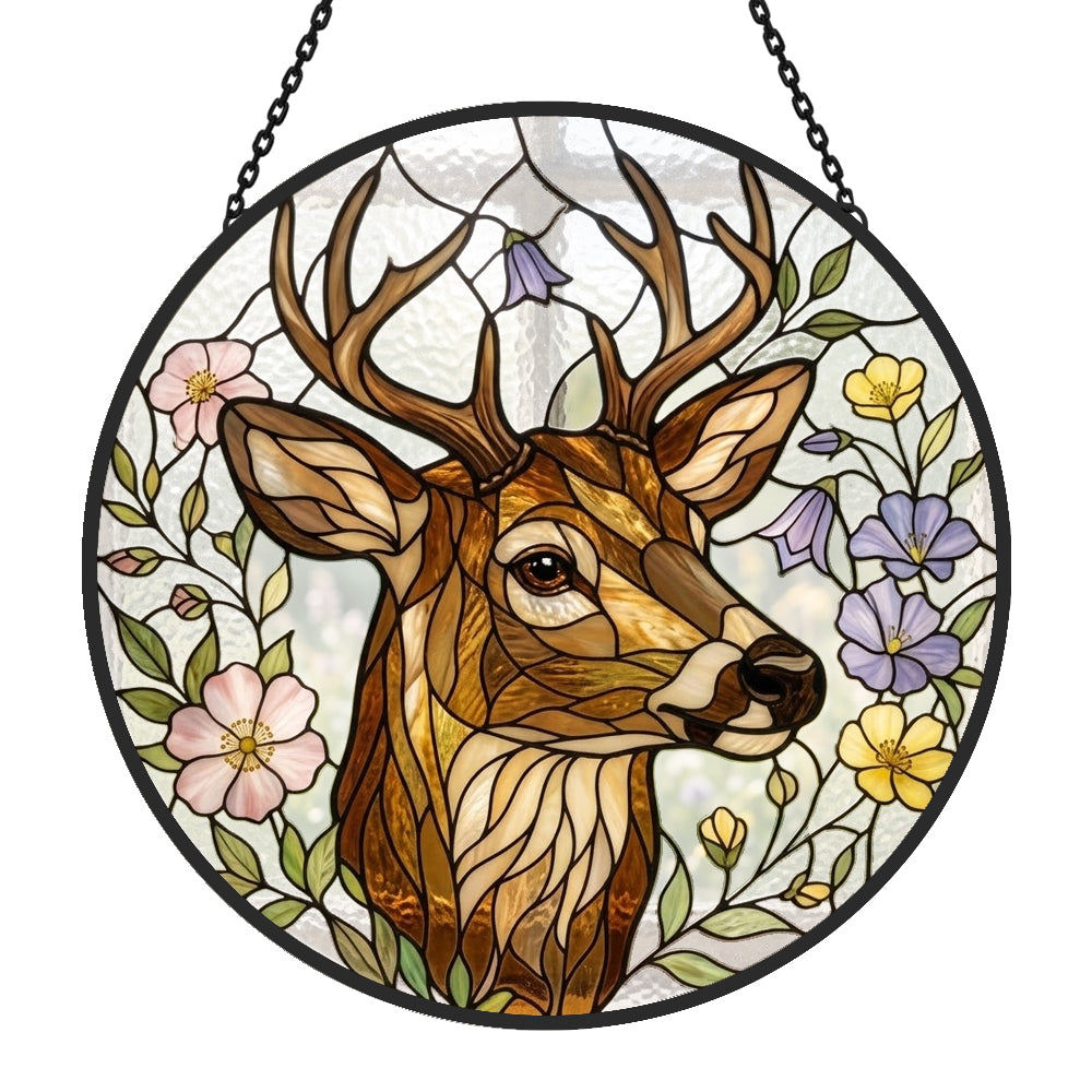 stag with wildflowers stained glass suncatcher window hanging, suitable for home and garden decoration.