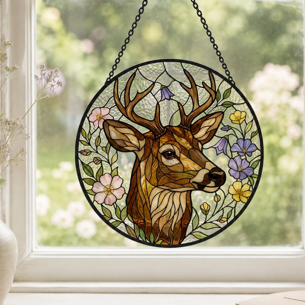 Stag with wildflowers stained glass suncatcher window hanging, suitable for home and garden decoration